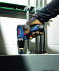Close-up of 12V Max EC Brushless 3/8 Inch Drill Driver Bare Tool With Pro Torque 300 In-Lbs in use on metal surface