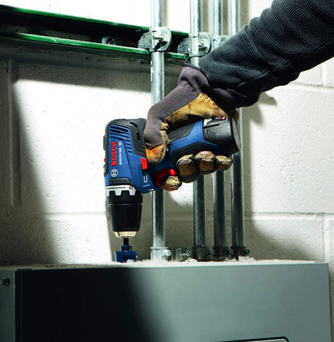 Close-up of 12V Max EC Brushless 3/8 Inch Drill Driver Bare Tool With Pro Torque 300 In-Lbs in use on metal surface