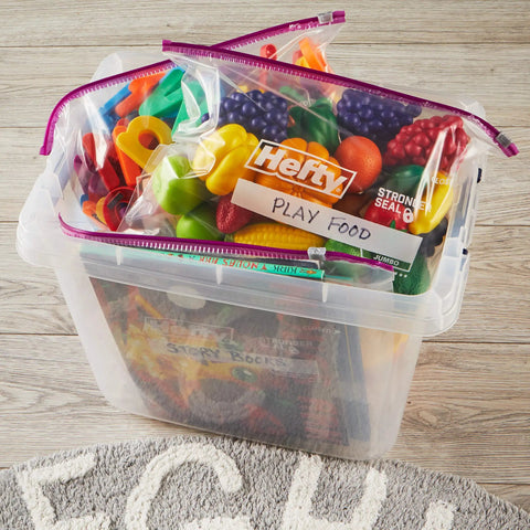Jumbo 2.5 Gallon Storage Bags With Secure Zip And Click Closure Writable Label used for organizing play food in a clear box