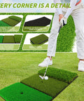 Person using 3 In 1 Golf Hitting Mat For Swing, Putting, And Chipping, Realistic Three Surface Turf Practice Mat For Fairway, Rough, And Approach