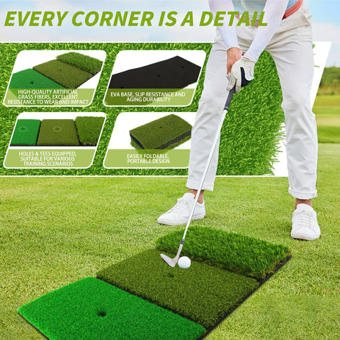 Person using 3 In 1 Golf Hitting Mat For Swing, Putting, And Chipping, Realistic Three Surface Turf Practice Mat For Fairway, Rough, And Approach