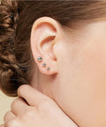 Five Pair Tiny Ball Stud Earrings For Women, Hypoallergenic S925 Sterling Silver Jewelry Set, Five Color Options Rose Gold Gold Silver Black Pearl, Includes Five Sizes For Daily Sparkle. Silver ball stud earrings on ear, three sizes