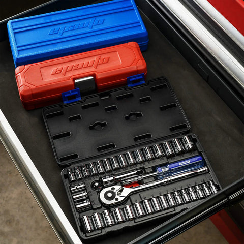 40 Piece One Quarter And Three Eighth Inch Drive Socket Set With 72 Tooth Reversible Ratchet Hardened Cr V Chrome Plated Tools