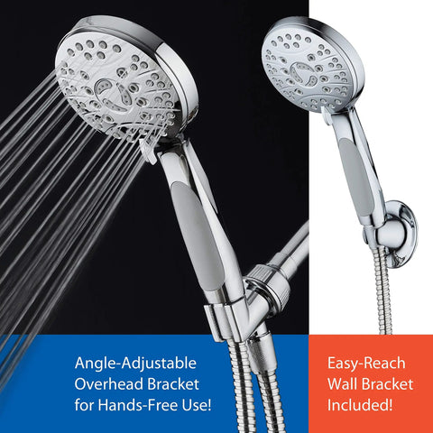 High Pressure 6 Setting Luxury Handheld Shower Head With Extra Long 6 Foot Stainless Steel Hose Anti Clog Jets And Anti Slip Grip Boss Grade Wall Bracket Included Chrome Finish with angle-adjustable bracket