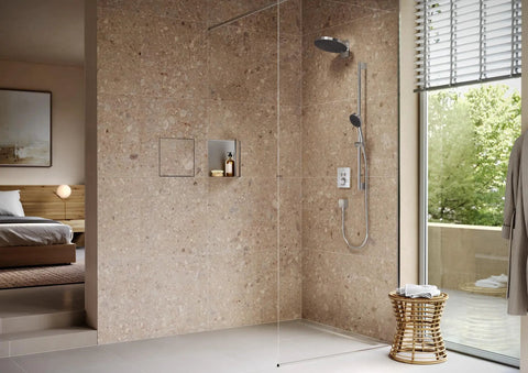 Professional Grade Rectangular Linear Shower Drain With Adjustable Height Frame And Brushed Stainless Steel Cover Tileable Bathroom Floor Grate For Zero Fuss 39 Inch Rough Install in modern shower setting.