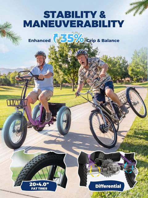 Three Wheel Electric Trike For Adults With Fat 20 By 4 Inch Tires 1200W Peak Motor 998Wh Battery Butterfly Handlebar Backrest Seat Storage Bag Go To Ride For Seniors Commuting And Shopping Purple, 20x4.0 tires