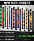 18 Piece Socket Organizer Set With Quarter Inch 96 Clips Three Eighths Inch 90 Clips And Half Inch 72 Clips For Tool Box Drawer Drive Socket Trays Color Coded For SAE And Metric Sockets Heavy Duty ABS Plastic arranged upright.