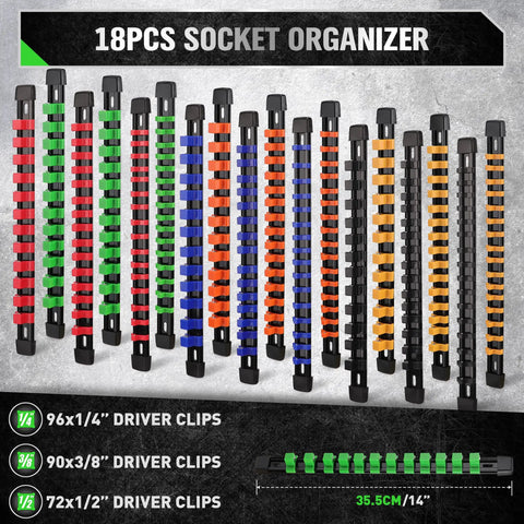 18 Piece Socket Organizer Set With Quarter Inch 96 Clips Three Eighths Inch 90 Clips And Half Inch 72 Clips For Tool Box Drawer Drive Socket Trays Color Coded For SAE And Metric Sockets Heavy Duty ABS Plastic arranged upright.