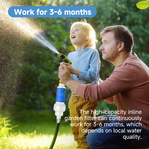 Father and son using Calcium Inhibitor Filter For Three Quarter Inch Standard Garden Hose And Faucets Inline Sediment Anti Scale Mister Filter