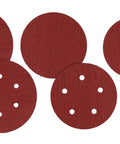 Pro Grade 5 Inch Aluminum Oxide Hookit Disc With VFN Nylon Backing, Maroon Color, Pack Of 40, shown various sizes and holes