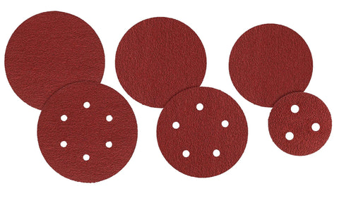 Pro Grade 5 Inch Aluminum Oxide Hookit Disc With VFN Nylon Backing, Maroon Color, Pack Of 40, shown various sizes and holes