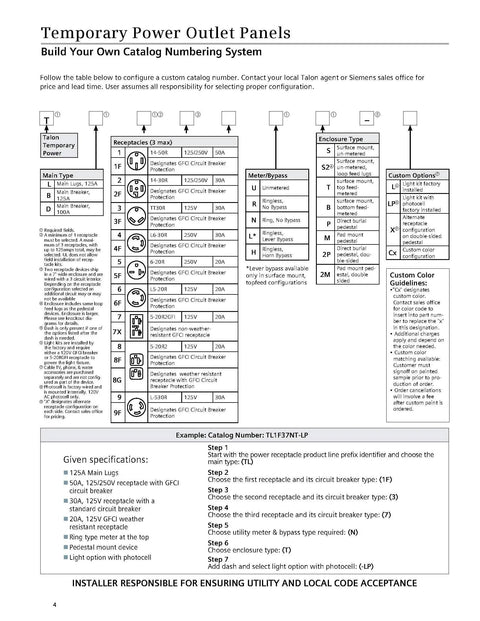 Catalog page showing configuration options for Talon Temporary Power Outlet Panel With 20 Amp And 30 Amp Receptacles Outdoor Rated UL Listed