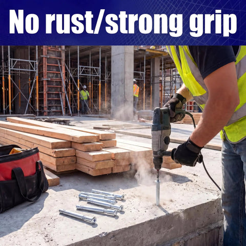 Worker using drill with 50 Pack Heavy Duty 3/8 X 4 Inch Flat Head Sleeve Anchors For Flush Mounting Sliding Tracks Sills And Frames In Concrete With Smooth Finish.