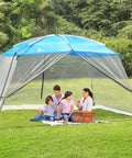Family sitting under 13 By 9 Ft Screen Tent For Backyard Or Beach Hangouts, Spacious Screen House with mesh walls on grass