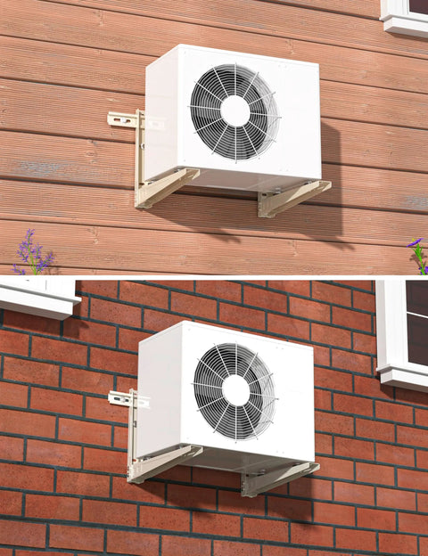 Built Like A Tank Mini Split Wall Mounting Bracket For Ductless Ac And Heat Pump Compressor Holder mounted on brick wall.