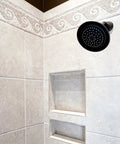 Bathroom shower showing tile surround with Ready To Tile Shower Niche Preformed Recess For Bathroom 11 By 16 Inches Waterproof Shelf.