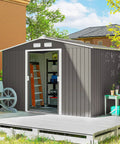 9x6 Outdoor Metal Storage Shed With Foundation Kit, Double Lockable Doors, Air Vents, Sloping Roof in garden setting