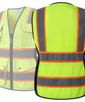 Front and back view of Nine Pockets Women Hi Vis Reflective Safety Vest Mesh Neon Yellow With Reflective Strips And Orange Extended Trims ANSI Compliant
