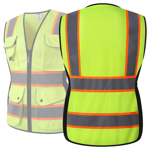 Front and back view of Nine Pockets Women Hi Vis Reflective Safety Vest Mesh Neon Yellow With Reflective Strips And Orange Extended Trims ANSI Compliant
