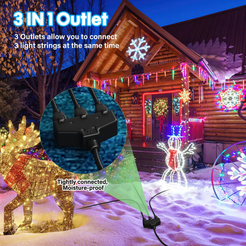 Heavy Duty 25 Foot Extension Cord With Three Outlets Weatherproof Outdoor Power Strip Built Tough As Nails For Christmas Lights And Lamps connected to outdoor lights in snowy setting.
