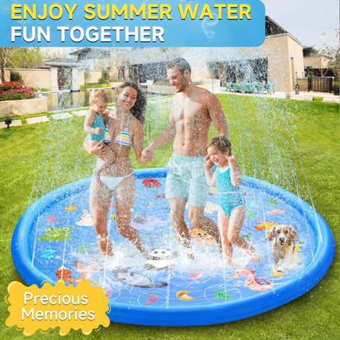 Family playing on Epic 69 Inch Non Slip Splash Pad For Toddlers 1 To 3 With Learning Mat Water Play Backyard Pool Toy For Kids And Pets Blue