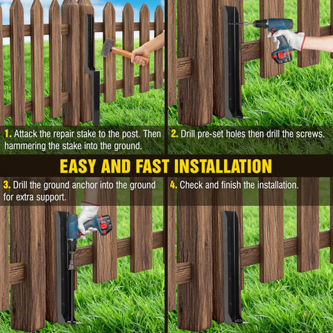 Heavy Duty Steel Fence Post Repair Stakes With Ground Anchors For Fixing Tilted Or Broken Wood Fence Posts H Shaped Beefed Up Ground Spike System Screw In Anchors Black Set Of 4 installation demonstration