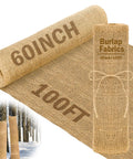 Natural Burlap Roll 60 Inch By 100 Feet Garden Weed Barrier Fabric Jute Cloth For Outdoor Landscaping Plants Shrubs And DIY Craft Projects Durable Breathable Weeds Control Ideal For Party Decor And Home Use image showing rolled and unrolled jute fabric with dimensions