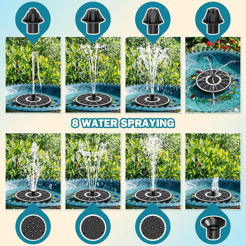 Solar Bird Bath Fountain Pump with 3.5W Glass Panel, White Panel Design, and 2000mAh Battery showing 8 water spray patterns