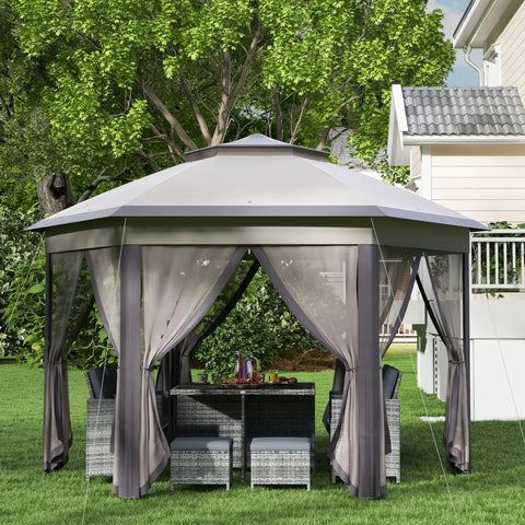 13 By 13 Pop Up Gazebo With Mesh Screen Walls And Zippered Netting Portable Steel Frame Outdoor Event Tent For Patio Garden Weddings And Parties In Coffee Beige in a garden setting.