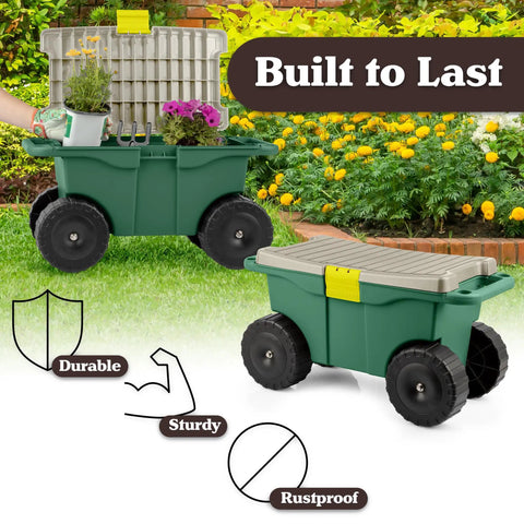Rolling Garden Cart With Seat And Interior Tool Tray Green Plastic Garden Bench On Wheels For Easier Weeding Planting And Light Transport Includes Built In Storage For Tools And Supplies No More Crawling Or Kneeling