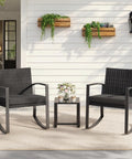 Three Piece Patio Rocking Bistro Set With Coffee Table For Garden Balcony Backyard Or Poolside Use, black rattan chairs, glass table.