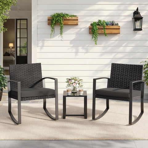 Three Piece Patio Rocking Bistro Set With Coffee Table For Garden Balcony Backyard Or Poolside Use, black rattan chairs, glass table.
