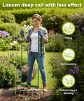 Person using Beast Mode 5 Tine Broad Fork Garden Tool with a 58 inch ergonomic handle for cultivating in a garden