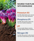 Purple flowers and soil with text on nutrient effects, promoting 4-in-1 Soil Test Kit For pH, Nitrogen, Phosphorus And Potassium, 40-Count.