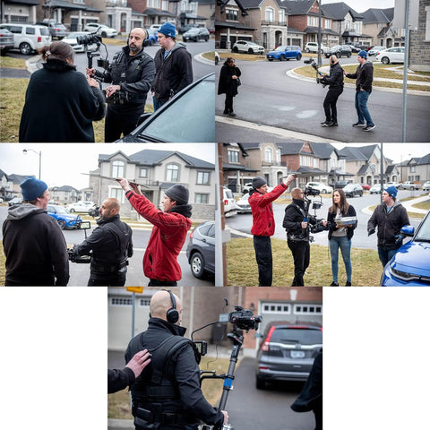 Film crew using Thanos Pro II Vest Stabilizer And Axis System for Gimbals and rotating monopod on urban street shoot