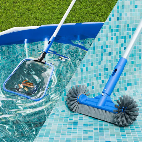 Deluxe Pool Cleaning Kit With Skimmer Net And Round Brush 70 Inch Telescopic Pole for above ground pools and ponds, side view