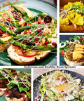 Various dishes topped with fresh microgreens, including bean sprouts, on plates with colorful toppings and garnishes.