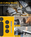 Resin cutting wheel set for rotary tool with black resin discs, HSS blades, diamond cutting wheels, and screwdrivers