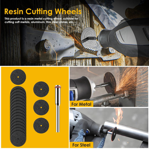 Resin cutting wheel set for rotary tool with black resin discs, HSS blades, diamond cutting wheels, and screwdrivers