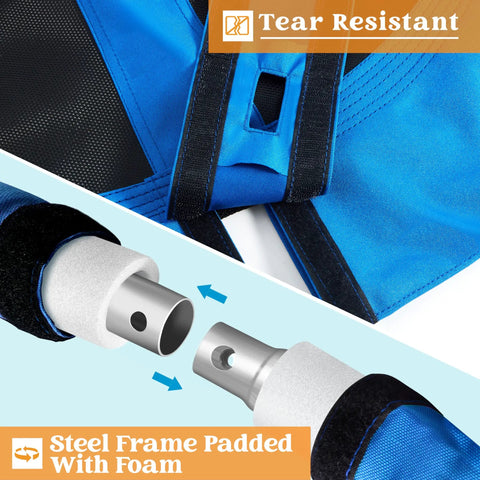 Close-up of blue 40 Inch Saucer Tree Swing with steel frame and foam padding, showcasing tear-resistant fabric and assembly connection.