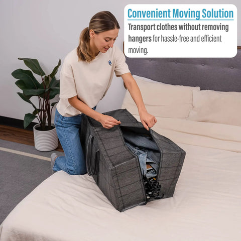 Woman packing clothes into Eight Pack Moving Bags And Storage Totes With Lids For Clothes And Linen Organization Space Saving Foldable Bins