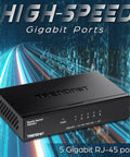 Gigabit Desktop Switch With Five RJ45 Ports For Fast Home Or Office Network, Plug And Play Ethernet Splitter, Silent Fanless Metal Enclosure