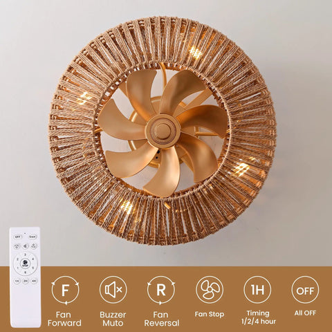 Boho Caged Fandelier With Lights Flush Mount Ceiling Fan With Remote Control Rattan Enclosed Ceiling Fan With Six Speeds