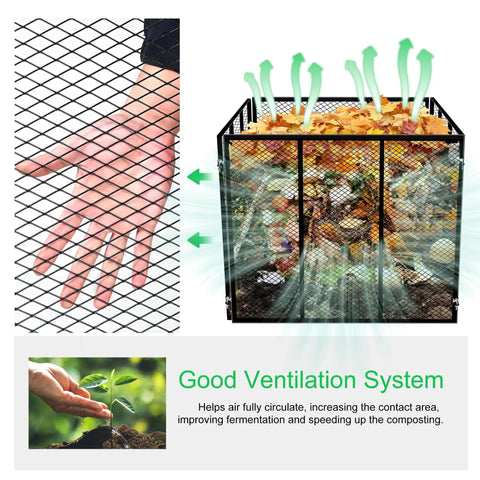 Hand showing mesh design and airflow of Big Ol 172 Gallon Outdoor Compost Bin With Rust Proof Coating Heavy Duty Metal Wire Mesh Easy