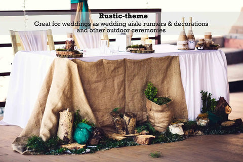 Table decorated with burlap, used as wedding decor, featuring the 40 Inch By 300 Ft Burlap Fabric Roll Pack Of 10 Industrial Grade Burlap 10 Oz Thick 30 Percent Thicker Than Competition Great For Garden Yard Weddings Craft Projects Table Decor And Landscaping.