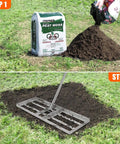 Step-by-step process of using a 30 By 10 Inch Stainless Steel Lawn Leveling Rake With 6-Foot Extra Long Handle on soil.