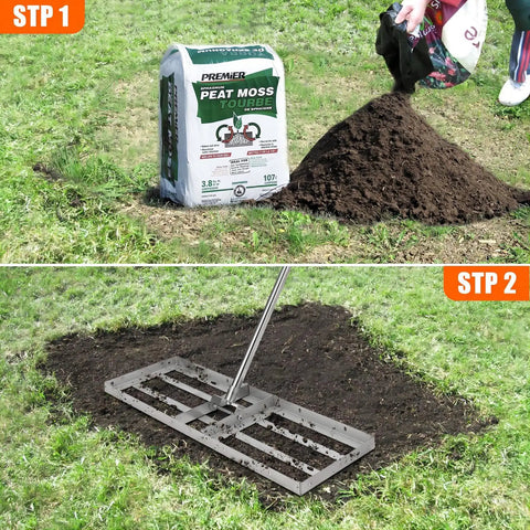 Image showing peat moss next to a leveled area and a 36 Inch Lawn Leveling Rack With Adjustable 72 Inch Handle Stainless Steel Leaf Rack in use.