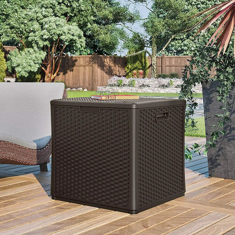 60 Gallon Outdoor Storage Box in Java Resin, Weatherproof Deck Box for Cushions, Towels, and Tools on patio