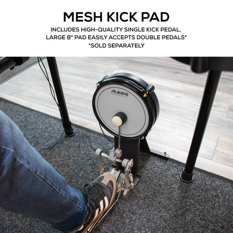 Person using mesh kick pad from Command Mesh SE Electronic Drum Kit With Quiet Dual Zone Mesh Pads USB MIDI Connectivity And 600 Plus Drum Sounds Perfect For Beginners To Intermediates