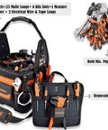 Open Top 24 Pocket Hard Base HVAC And Electrician Tool Bag With Rigid Bottom For Dry Tools 25 MOLLE Loops 6 Bit Slots 2 Wire Loops